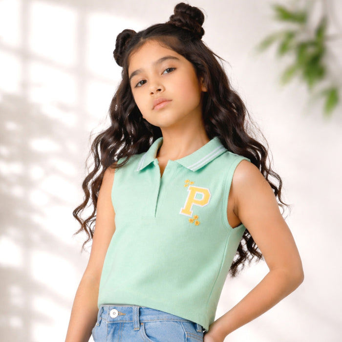 Kids Girls Top in Light Green with Breathable Fabric, Polo Collar & Sleeveless Summer Wear