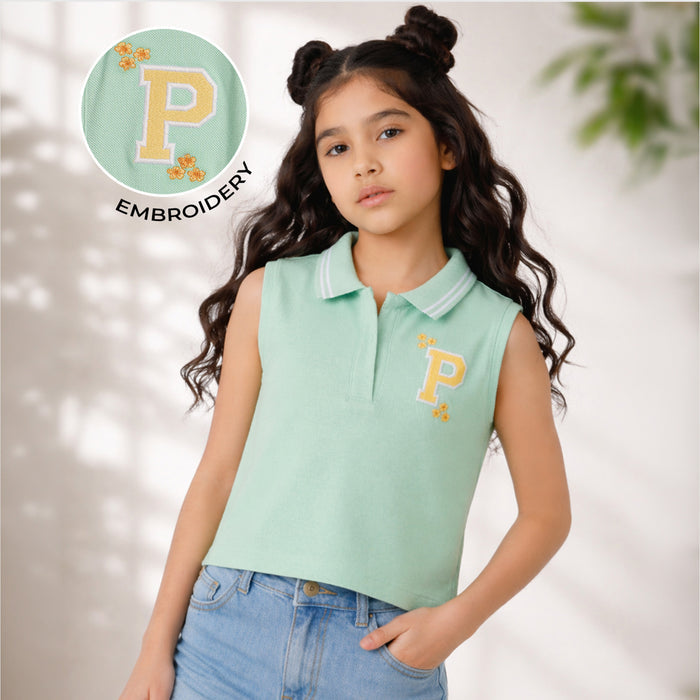 Kids Girls Top in Light Green with Breathable Fabric, Polo Collar & Sleeveless Summer Wear