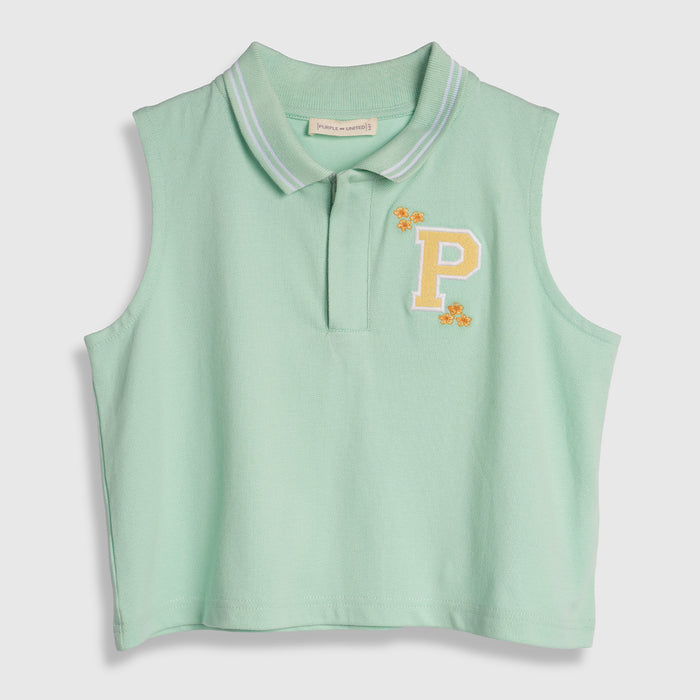 Kids Girls Top in Light Green with Breathable Fabric, Polo Collar & Sleeveless Summer Wear