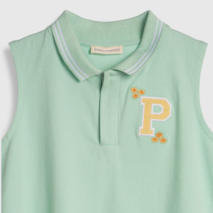 Kids Girls Top in Light Green with Breathable Fabric, Polo Collar & Sleeveless Summer Wear