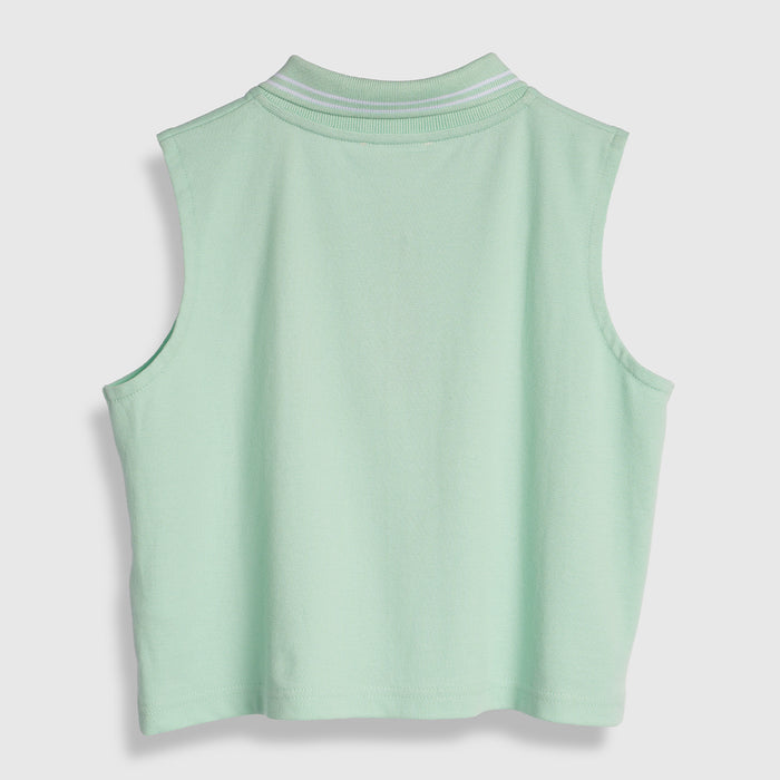 Kids Girls Top in Light Green with Breathable Fabric, Polo Collar & Sleeveless Summer Wear