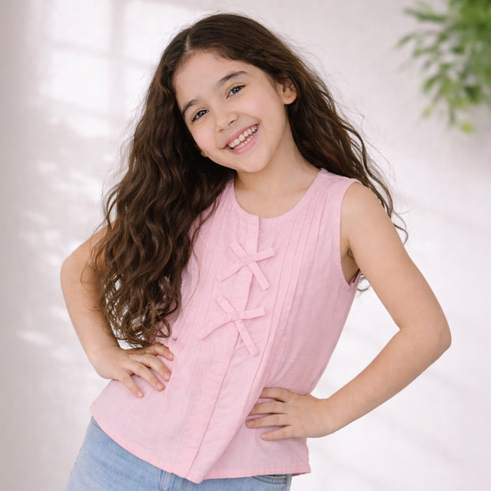 Kids Girls Top in Light Pink Cotton Fabric with Pleated Front for Everyday Summer Styling