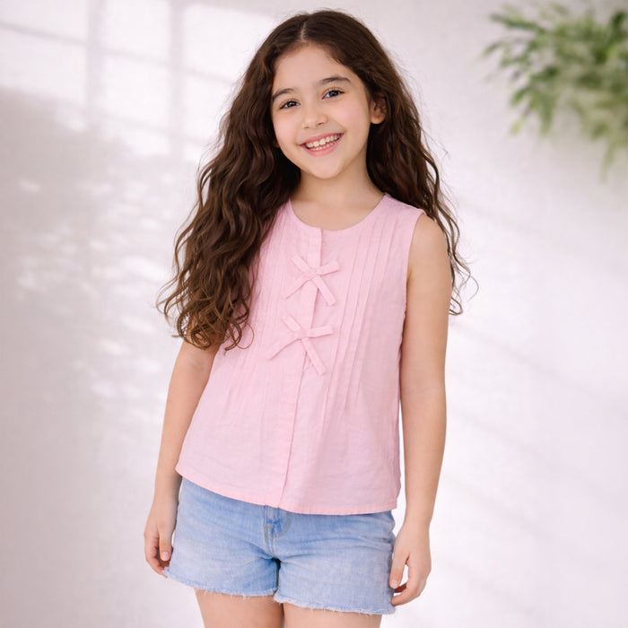 Kids Girls Top in Light Pink Cotton Fabric with Pleated Front for Everyday Summer Styling
