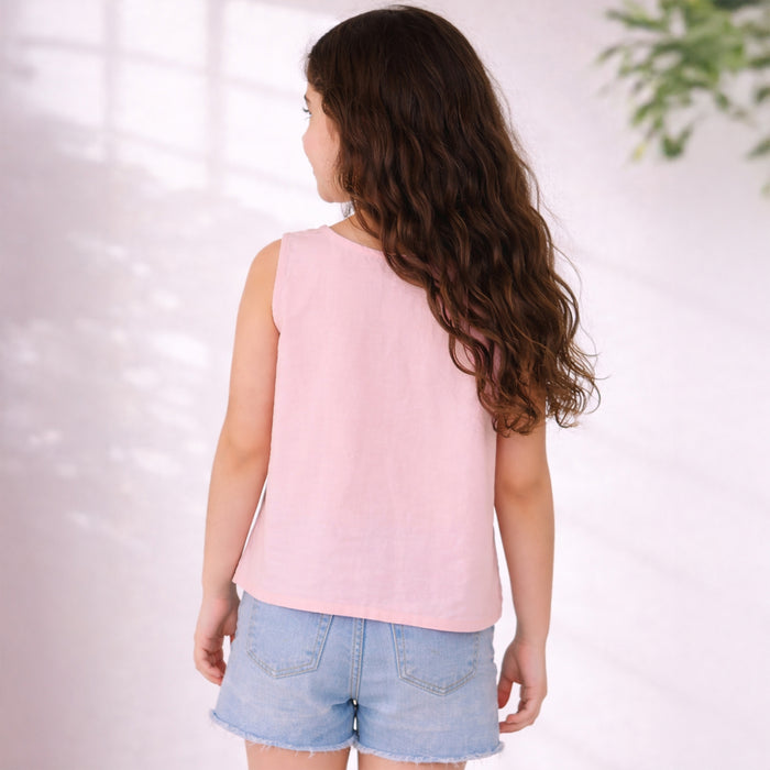Kids Girls Top in Light Pink Cotton Fabric with Pleated Front for Everyday Summer Styling