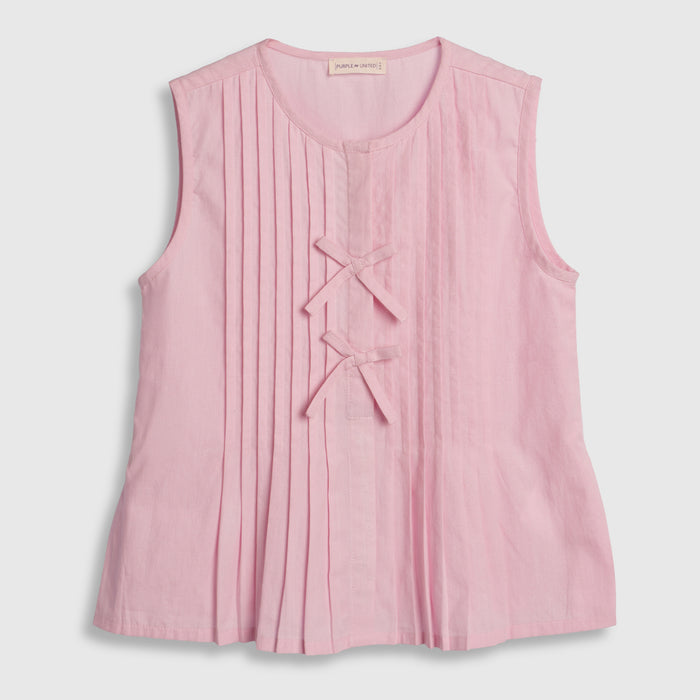 Kids Girls Top in Light Pink Cotton Fabric with Pleated Front for Everyday Summer Styling