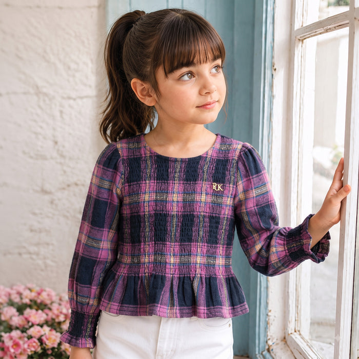 Kids Girls Top in Multicolour with Smocked Peplum Fit, Checked Pattern & Soft Comfort Fabric
