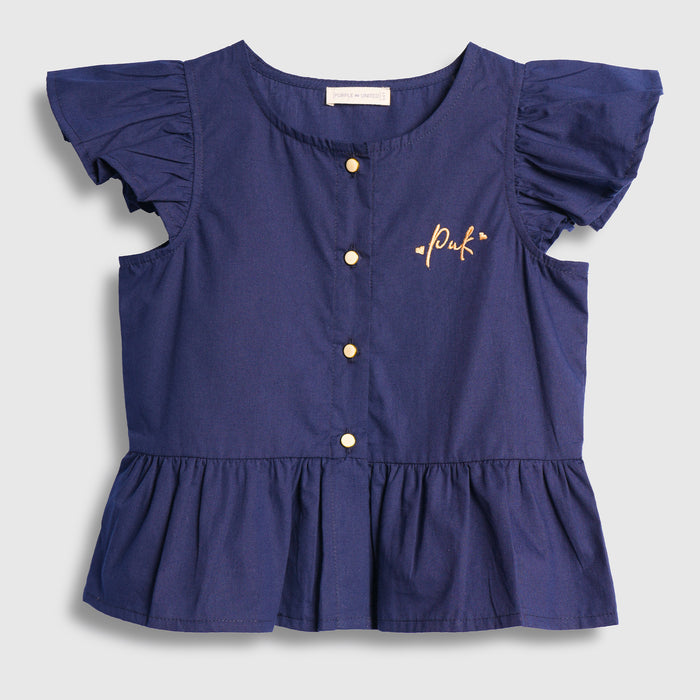 Kids Girls Top in Navy Blue with Ruffle Sleeves & Flared Styling Detail for Daily Comfort