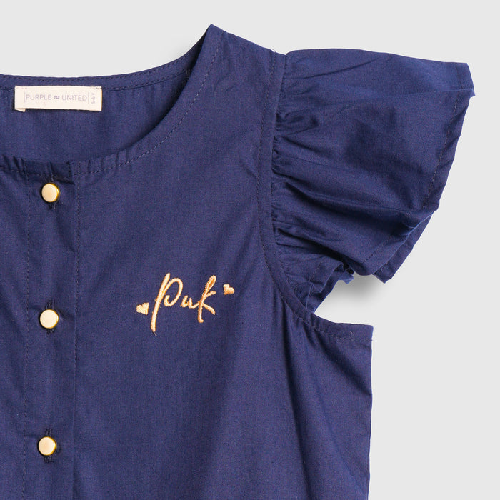 Kids Girls Top in Navy Blue with Ruffle Sleeves & Flared Styling Detail for Daily Comfort