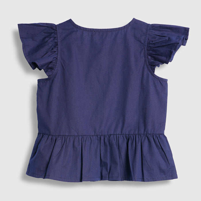 Kids Girls Top in Navy Blue with Ruffle Sleeves & Flared Styling Detail for Daily Comfort