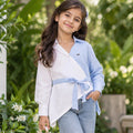 Kids Girls Top in Navy & White with Striped Panel, Wrap Front, Waist Tie & Full Sleeves