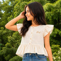 Kids Girls Top in Off White with Ruffle Sleeves & Flared Styling Detail for Daily Comfort
