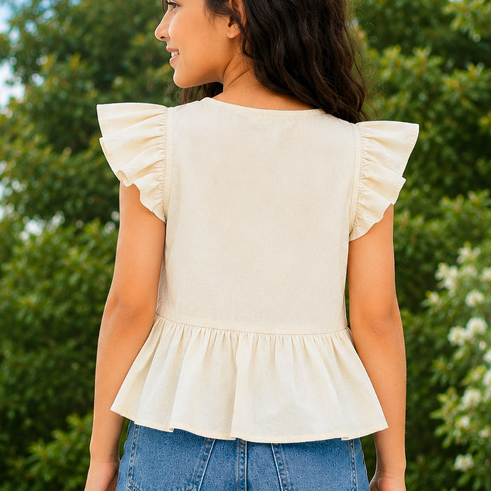 Kids Girls Top in Off White with Ruffle Sleeves & Flared Styling Detail for Daily Comfort