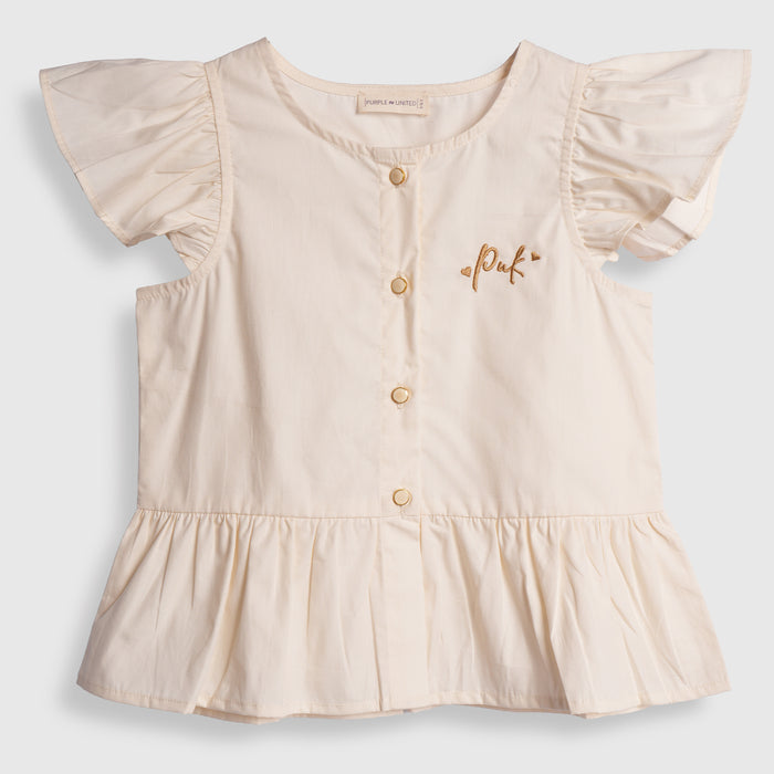 Kids Girls Top in Off White with Ruffle Sleeves & Flared Styling Detail for Daily Comfort