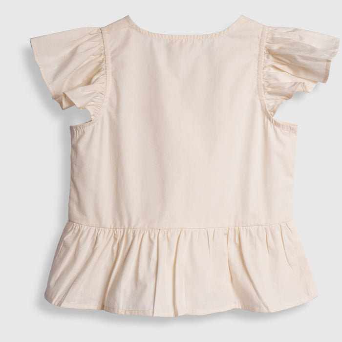 Kids Girls Top in Off White with Ruffle Sleeves & Flared Styling Detail for Daily Comfort