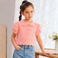 Kids Girls Top in Peach with Embellished Collar, Puff Sleeves & Soft Comfort Fabric