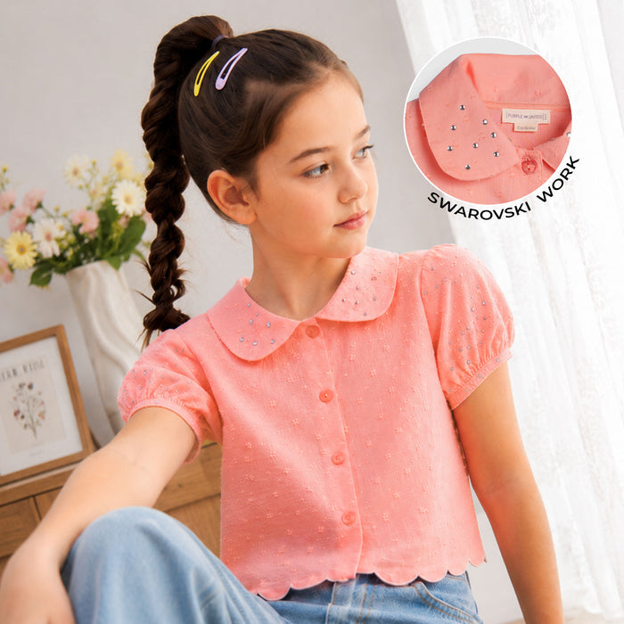 Kids Girls Top in Peach with Embellished Collar, Puff Sleeves & Soft Comfort Fabric