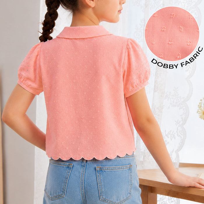 Kids Girls Top in Peach with Embellished Collar, Puff Sleeves & Soft Comfort Fabric