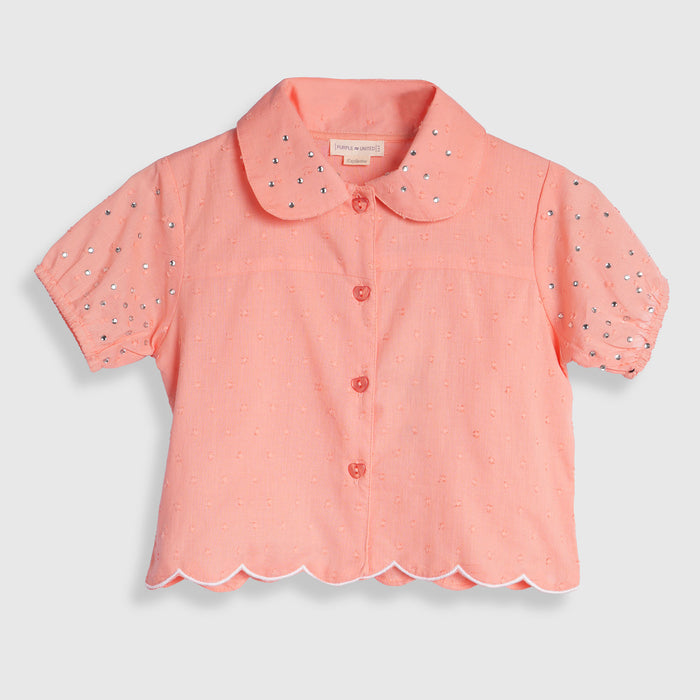 Kids Girls Top in Peach with Embellished Collar, Puff Sleeves & Soft Comfort Fabric