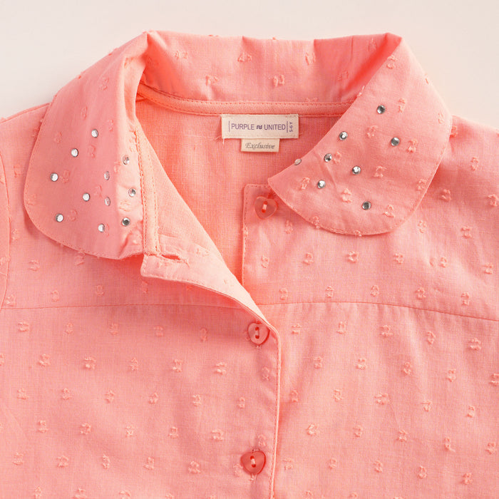 Kids Girls Top in Peach with Embellished Collar, Puff Sleeves & Soft Comfort Fabric