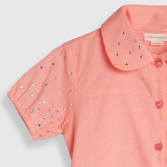 Kids Girls Top in Peach with Embellished Collar, Puff Sleeves & Soft Comfort Fabric