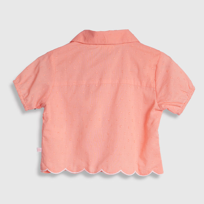 Kids Girls Top in Peach with Embellished Collar, Puff Sleeves & Soft Comfort Fabric