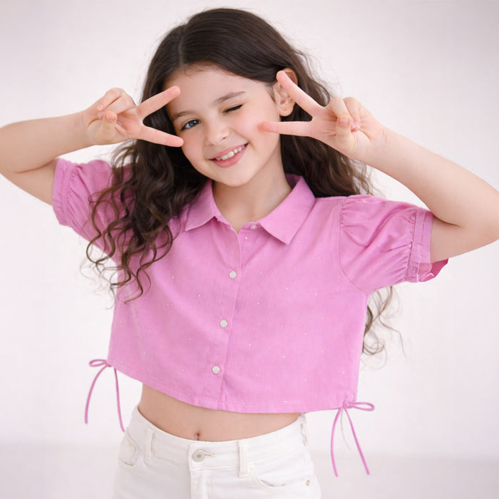 Kids Girls Top in Pink with Puff Sleeve, Breathable Fabric & Tie-Up Hem for Daily Casual Kids Wear