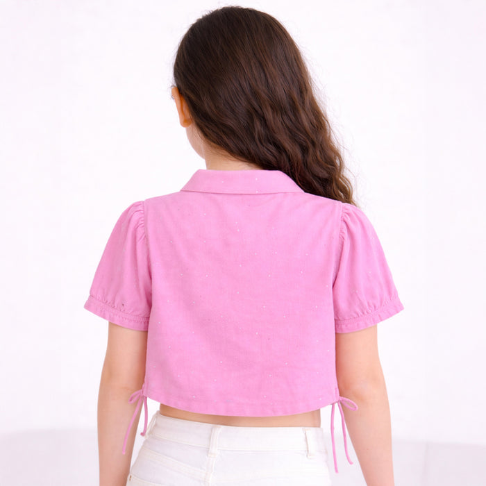 Kids Girls Top in Pink with Puff Sleeve, Breathable Fabric & Tie-Up Hem for Daily Casual Kids Wear