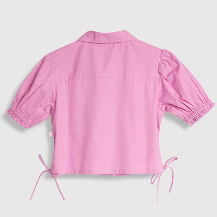 Kids Girls Top in Pink with Puff Sleeve, Breathable Fabric & Tie-Up Hem for Daily Casual Kids Wear