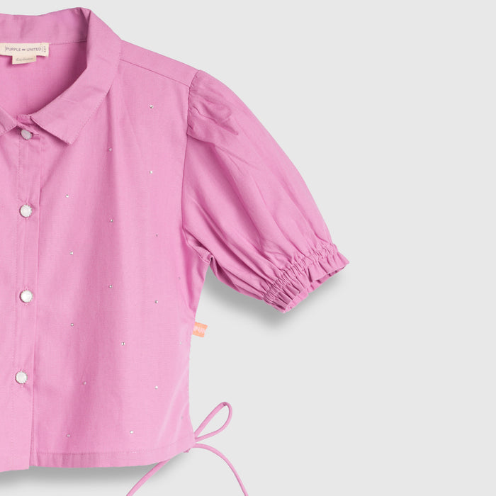 Kids Girls Top in Pink with Puff Sleeve, Breathable Fabric & Tie-Up Hem for Daily Casual Kids Wear
