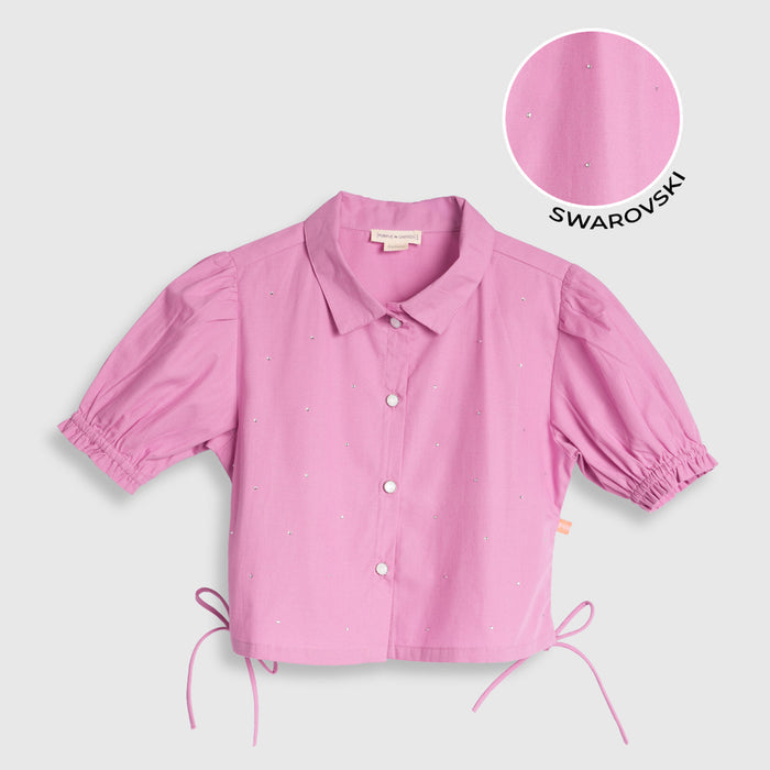 Kids Girls Top in Pink with Puff Sleeve, Breathable Fabric & Tie-Up Hem for Daily Casual Kids Wear
