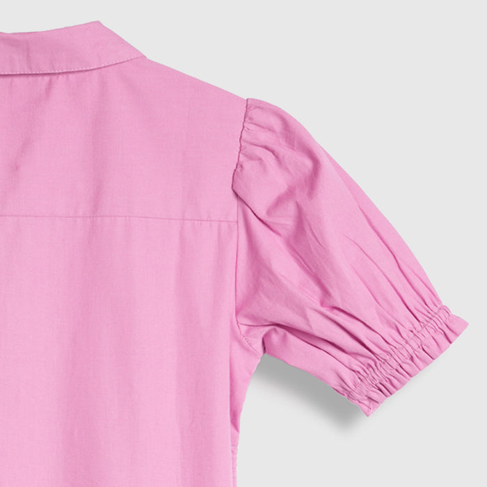 Kids Girls Top in Pink with Puff Sleeve, Breathable Fabric & Tie-Up Hem for Daily Casual Kids Wear