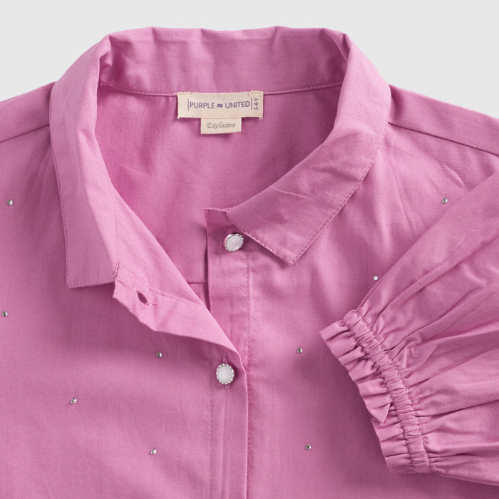 Kids Girls Top in Pink with Puff Sleeve, Breathable Fabric & Tie-Up Hem for Daily Casual Kids Wear