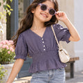Kids Girls Top in Purple with V-Neck, Pearl Buttons, Puff Sleeves, Smocked Waist & Peplum Hem