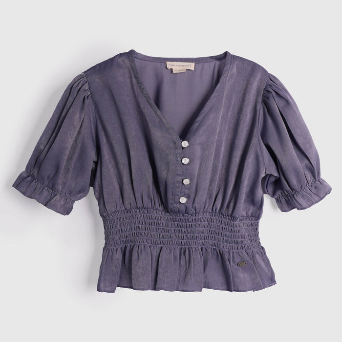 Kids Girls Top in Purple with V-Neck, Pearl Buttons, Puff Sleeves, Smocked Waist & Peplum Hem