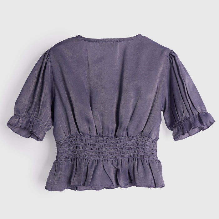 Kids Girls Top in Purple with V-Neck, Pearl Buttons, Puff Sleeves, Smocked Waist & Peplum Hem