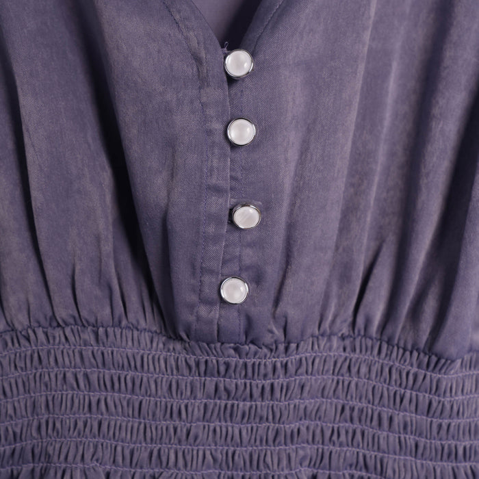 Kids Girls Top in Purple with V-Neck, Pearl Buttons, Puff Sleeves, Smocked Waist & Peplum Hem