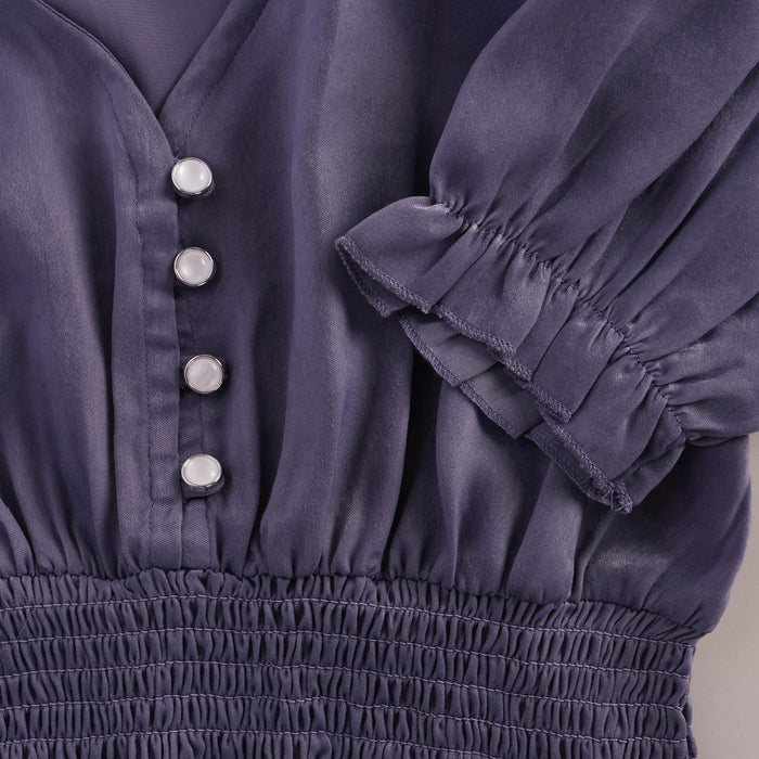 Kids Girls Top in Purple with V-Neck, Pearl Buttons, Puff Sleeves, Smocked Waist & Peplum Hem