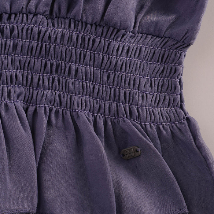 Kids Girls Top in Purple with V-Neck, Pearl Buttons, Puff Sleeves, Smocked Waist & Peplum Hem