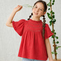 Kids Girls Top in Red with Ruffle Neck, Flutter Sleeves & Soft Comfort Fabric