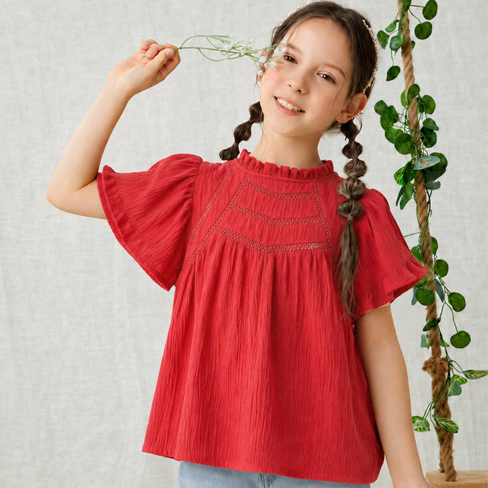 Kids Girls Top in Red with Ruffle Neck, Flutter Sleeves & Soft Comfort Fabric
