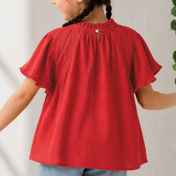 Kids Girls Top in Red with Ruffle Neck, Flutter Sleeves & Soft Comfort Fabric