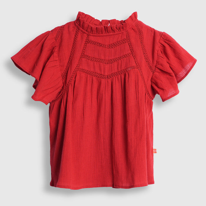 Kids Girls Top in Red with Ruffle Neck, Flutter Sleeves & Soft Comfort Fabric