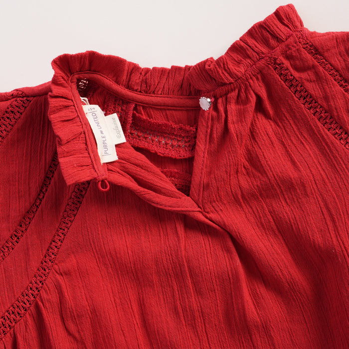 Kids Girls Top in Red with Ruffle Neck, Flutter Sleeves & Soft Comfort Fabric