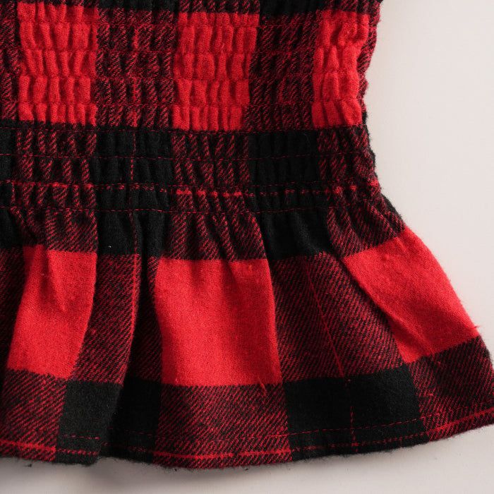 Kids Girls Top in Red with Smocked Peplum Fit, Checked Pattern & Soft Comfort Fabric