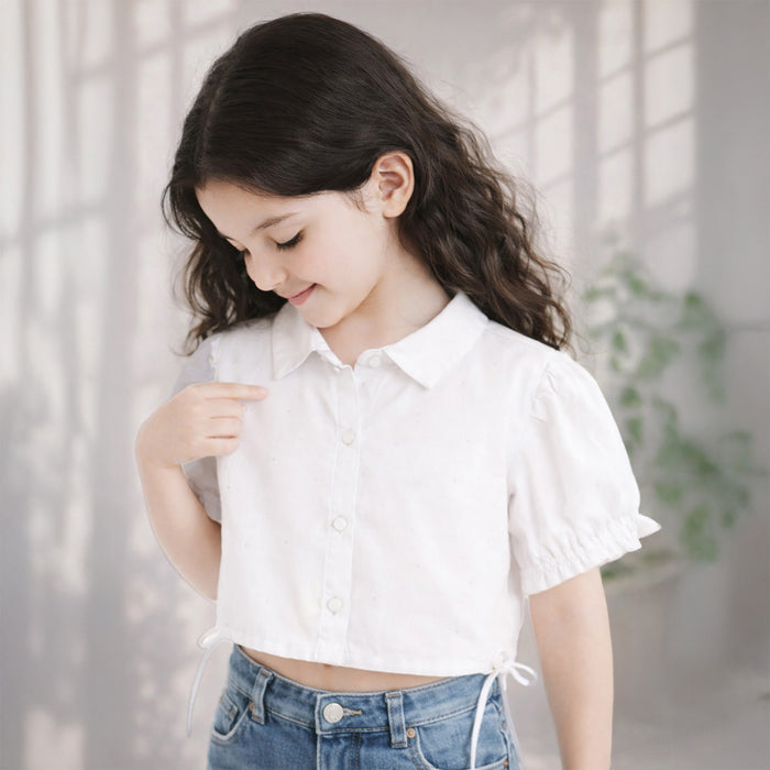 Kids Girls Top in White with Puff Sleeve, Breathable Fabric & Tie-Up Hem for Daily Casual Kids Wear