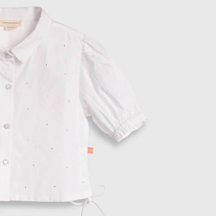 Kids Girls Top in White with Puff Sleeve, Breathable Fabric & Tie-Up Hem for Daily Casual Kids Wear