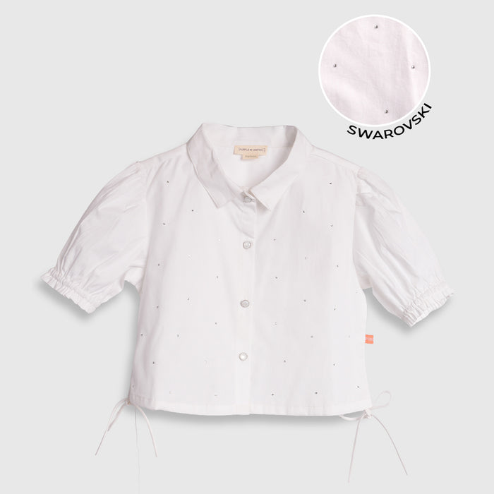 Kids Girls Top in White with Puff Sleeve, Breathable Fabric & Tie-Up Hem for Daily Casual Kids Wear