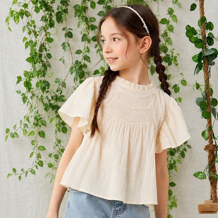 Kids Girls Top in Off-White with Ruffle Neck, Flutter Sleeves & Soft Comfort Fabric