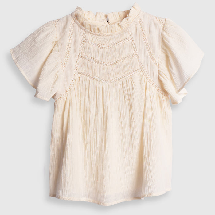 Kids Girls Top in Off-White with Ruffle Neck, Flutter Sleeves & Soft Comfort Fabric