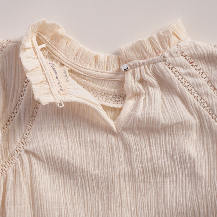 Kids Girls Top in Off-White with Ruffle Neck, Flutter Sleeves & Soft Comfort Fabric